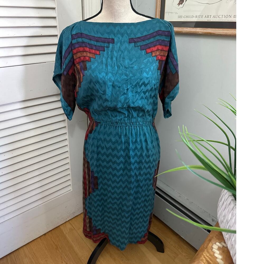 Vintage Anne Crimmins Dress 8 Blue Silk Blouson Midi Aztec Southwest Boho Chic